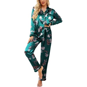 image:imageEkouaer Womens Classic Button Down Long Satin Silk Pajama Set  Soft Satin Pajamas MixMatch Daily Look Chest PocketElastic Waist Gift For LadiesGreen Floral