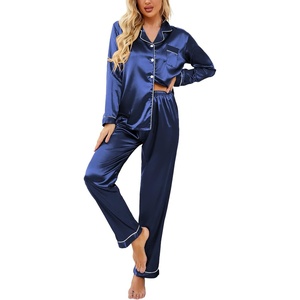 image:imageEkouaer Womens Classic Button Down Long Satin Silk Pajama Set  Soft Satin Pajamas MixMatch Daily Look Chest PocketElastic Waist Gift For LadiesNavy Blue