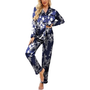 image:imageEkouaer Womens Classic Button Down Long Satin Silk Pajama Set  Soft Satin Pajamas MixMatch Daily Look Chest PocketElastic Waist Gift For LadiesNavy Floral