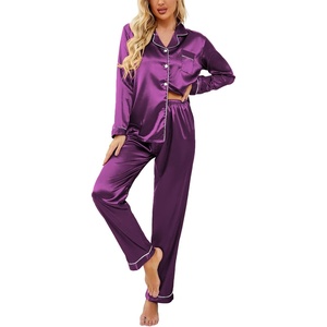 image:imageEkouaer Womens Classic Button Down Long Satin Silk Pajama Set  Soft Satin Pajamas MixMatch Daily Look Chest PocketElastic Waist Gift For LadiesWineberry
