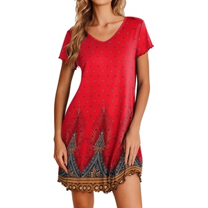 image:imageEkouaer Womens Nightgown Short Sleeve Night Gowns Soft Ruffled Sleep Shirt  Nightgowns for WomenV Neck Sleep DressShort NightgownPullover Soft Night DressRuffled SleepwearSummer T Shirt DressRed Feather