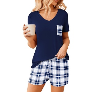 image:imageEkouaer Womens Pajama Sets Shorts Soft 2 Piece Lounge Set with Chest Pocket  Lightweight Sleepwear Vneck short sleeve top with drawstring shorts casual Pjs for allseason daily wear available in XSBlue Plaid
