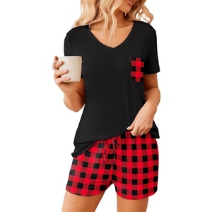 image:imageEkouaer Womens Pajama Sets Shorts Soft 2 Piece Lounge Set with Chest Pocket  Lightweight Sleepwear Vneck short sleeve top with drawstring shorts casual Pjs for allseason daily wear available in XSRed Plaid