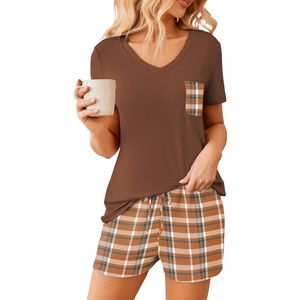 image:imageEkouaer Womens Pajama Sets Shorts Soft 2 Piece Lounge Set with Chest Pocket  Lightweight Sleepwear Vneck short sleeve top with drawstring shorts casual Pjs for allseason daily wear available in XSBrown Plaid