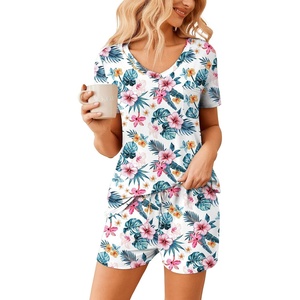 image:imageEkouaer Womens Pajama Sets Shorts Soft 2 Piece Lounge Set with Chest Pocket  Lightweight Sleepwear Vneck short sleeve top with drawstring shorts casual Pjs for allseason daily wear available in XSHawaiian Floral