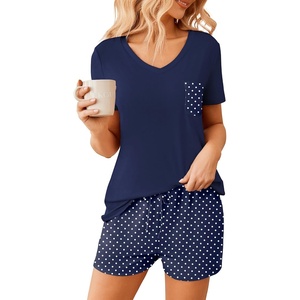 image:imageEkouaer Womens Pajama Sets Shorts Soft 2 Piece Lounge Set with Chest Pocket  Lightweight Sleepwear Vneck short sleeve top with drawstring shorts casual Pjs for allseason daily wear available in XSNavy Blue Polka Dots