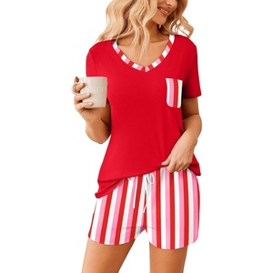 image:imageEkouaer Womens Pajama Sets Shorts Soft 2 Piece Lounge Set with Chest Pocket  Lightweight Sleepwear Vneck short sleeve top with drawstring shorts casual Pjs for allseason daily wear available in XSRed White Stripe