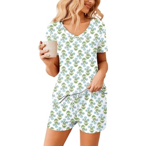 image:imageEkouaer Womens Pajama Sets Shorts Soft 2 Piece Lounge Set with Chest Pocket  Lightweight Sleepwear Vneck short sleeve top with drawstring shorts casual Pjs for allseason daily wear available in XSBlue Daisy