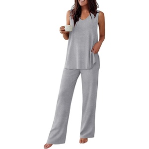 image:imageEkouaer Womens Pajamas Set Sleeveless Lounge Sets Tank Top and Pants Pjs  V Neck Top Loungewear with Side Slit Comfy Lounge Pants with Pockets Elastic Waistband 2 Piece Sleepwear Loose FitLight Grey
