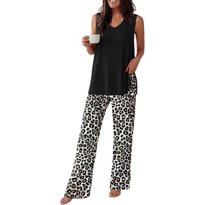 image:imageEkouaer Womens Pajamas Set Sleeveless Lounge Sets Tank Top and Pants Pjs  V Neck Top Loungewear with Side Slit Comfy Lounge Pants with Pockets Elastic Waistband 2 Piece Sleepwear Loose FitLeopard Black