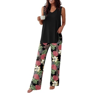 image:imageEkouaer Womens Pajamas Set Sleeveless Lounge Sets Tank Top and Pants Pjs  V Neck Top Loungewear with Side Slit Comfy Lounge Pants with Pockets Elastic Waistband 2 Piece Sleepwear Loose FitBlack Pink Leaf
