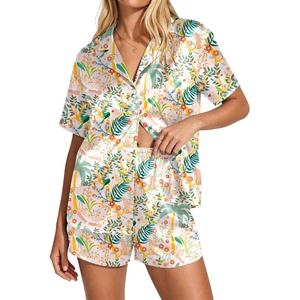 image:imageEkouaer Womens Satin Pajama Set Short Sleeve Sleepwear Button Down Pjs  Silky Smooth Satin Soft Top and Shorts Bridal Getting Ready Outfit 2 Piece Loungewear Set for Daily Sleep Wedding PartyFlowersPlantsPink