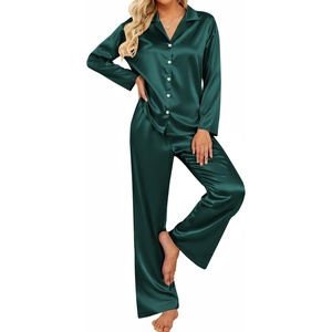 image:imageEkouaer Womens Satin Silk Pajamas Long Sleeve Button Up Pjs Lounge Sets  Soft 2Piece Set Adjustable Drawstring Waistband Side Pockets Ideal for Sleep Lounging PartyDark Green
