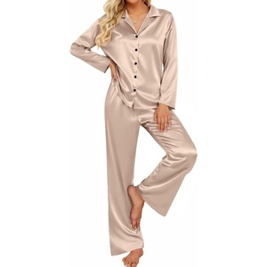 image:imageEkouaer Womens Satin Silk Pajamas Long Sleeve Button Up Pjs Lounge Sets  Soft 2Piece Set Adjustable Drawstring Waistband Side Pockets Ideal for Sleep Lounging PartyChampagne