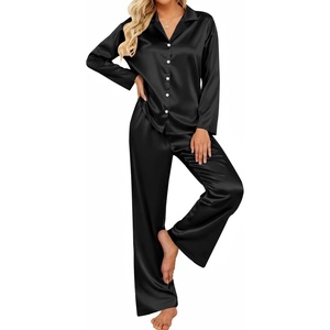 image:imageEkouaer Womens Satin Silk Pajamas Long Sleeve Button Up Pjs Lounge Sets  Soft 2Piece Set Adjustable Drawstring Waistband Side Pockets Ideal for Sleep Lounging PartyBlack