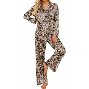 image:imageEkouaer Womens Satin Silk Pajamas Long Sleeve Button Up Pjs Lounge Sets  Soft 2Piece Set Adjustable Drawstring Waistband Side Pockets Ideal for Sleep Lounging PartyBrown Leopard