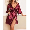 image:imageEkouaer Womens Silk Robe Short Satin Kimono Bathrobe Bridesmaid Sleepwear  Half Sleeve Ruffle Comfy Wedding Party Dressing Gown TabovekneelengthWine Red