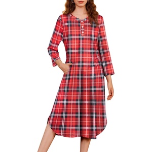 image:imageEkouaer Long Nightgowns for Women Button Sleepwear House Dress with Pockets  Plaid Sleep Shirt 34 Sleeve Night Shirt Soft Lounge Dress Plus Size Pajama Dress Winter Night Dress Daily Wear HomeRed Plaid
