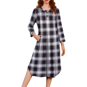 image:imageEkouaer Long Nightgowns for Women Button Sleepwear House Dress with Pockets  Plaid Sleep Shirt 34 Sleeve Night Shirt Soft Lounge Dress Plus Size Pajama Dress Winter Night Dress Daily Wear HomeBlack Plaid