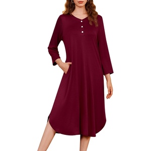 image:imageEkouaer Long Nightgowns for Women Button Sleepwear House Dress with Pockets  Plaid Sleep Shirt 34 Sleeve Night Shirt Soft Lounge Dress Plus Size Pajama Dress Winter Night Dress Daily Wear HomeWine Red
