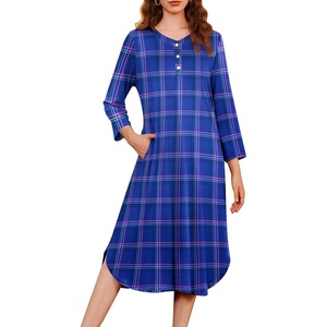 image:imageEkouaer Long Nightgowns for Women Button Sleepwear House Dress with Pockets  Plaid Sleep Shirt 34 Sleeve Night Shirt Soft Lounge Dress Plus Size Pajama Dress Winter Night Dress Daily Wear HomeBluepink Plaid