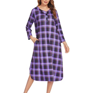 image:imageEkouaer Long Nightgowns for Women Button Sleepwear House Dress with Pockets  Plaid Sleep Shirt 34 Sleeve Night Shirt Soft Lounge Dress Plus Size Pajama Dress Winter Night Dress Daily Wear HomePurple Plaid