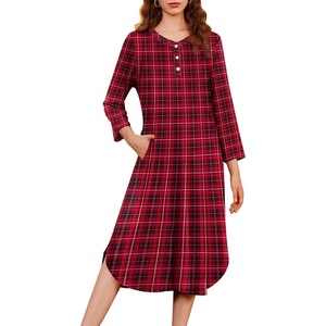image:imageEkouaer Long Nightgowns for Women Button Sleepwear House Dress with Pockets  Plaid Sleep Shirt 34 Sleeve Night Shirt Soft Lounge Dress Plus Size Pajama Dress Winter Night Dress Daily Wear HomeRedgreen Plaid