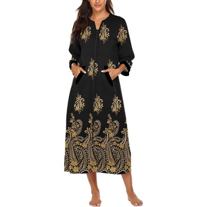 image:imageEkouaer Robes for Women Zipper Robe 34 Sleeves Housecoat with Pockets  Full Length Loungewear Easy ZipUp Nightgown Long Bathrobe 34 Sleeves for Everyday Comfort Lounging RecoveryBlack Gold Floral