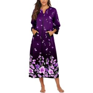 image:imageEkouaer Robes for Women Zipper Robe 34 Sleeves Housecoat with Pockets  Full Length Loungewear Easy ZipUp Nightgown Long Bathrobe 34 Sleeves for Everyday Comfort Lounging RecoveryPurple Black Floral