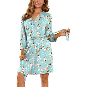image:imageEkouaer Womens Robe Soft Lightweight 34 Sleeve Knit Bathrobe with Pockets  Lightweight SoftShort Knit Robe 34 Sleeves Knee Length Pockets Ideal for Sleepwear Loungewear Spa and BeachGreen Flowers