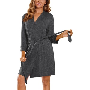 image:imageEkouaer Womens Robe Soft Lightweight 34 Sleeve Knit Bathrobe with Pockets  Lightweight SoftShort Knit Robe 34 Sleeves Knee Length Pockets Ideal for Sleepwear Loungewear Spa and BeachDark Grey
