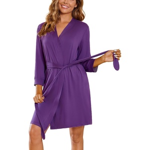 image:imageEkouaer Womens Robe Soft Lightweight 34 Sleeve Knit Bathrobe with Pockets  Lightweight SoftShort Knit Robe 34 Sleeves Knee Length Pockets Ideal for Sleepwear Loungewear Spa and BeachPurple