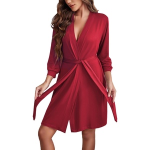 image:imageEkouaer Womens Robe Soft Lightweight 34 Sleeve Knit Bathrobe with Pockets  Lightweight SoftShort Knit Robe 34 Sleeves Knee Length Pockets Ideal for Sleepwear Loungewear Spa and BeachWine Red