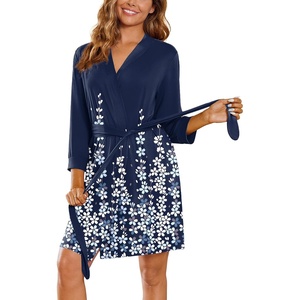 image:imageEkouaer Womens Robe Soft Lightweight 34 Sleeve Knit Bathrobe with Pockets  Lightweight SoftShort Knit Robe 34 Sleeves Knee Length Pockets Ideal for Sleepwear Loungewear Spa and BeachBlue White Floral