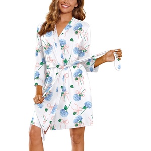 image:imageEkouaer Womens Robe Soft Lightweight 34 Sleeve Knit Bathrobe with Pockets  Lightweight SoftShort Knit Robe 34 Sleeves Knee Length Pockets Ideal for Sleepwear Loungewear Spa and BeachBlue Floral