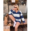 image:imageEkouaer Two Piece Sets for Women Fall Lounge Sets Long Sleeve Shorts Set  Oversized Matching Outfit 2026 Fall Striped Shirts and Shorts Set V Neck Top with Pockets Casual Matching Clothing SetNavy White Combo