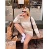 image:imageEkouaer Two Piece Sets for Women Fall Lounge Sets Long Sleeve Shorts Set  Oversized Matching Outfit 2026 Fall Striped Shirts and Shorts Set V Neck Top with Pockets Casual Matching Clothing SetBeige White Combo