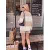 image:imageEkouaer Two Piece Sets for Women Fall Lounge Sets Long Sleeve Shorts Set  Oversized Matching Outfit 2026 Fall Striped Shirts and Shorts Set V Neck Top with Pockets Casual Matching Clothing SetBeige White Combo