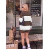 image:imageEkouaer Two Piece Sets for Women Fall Lounge Sets Long Sleeve Shorts Set  Oversized Matching Outfit 2026 Fall Striped Shirts and Shorts Set V Neck Top with Pockets Casual Matching Clothing SetCoffee White Combo