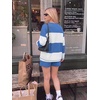 image:imageEkouaer Two Piece Sets for Women Fall Lounge Sets Long Sleeve Shorts Set  Oversized Matching Outfit 2026 Fall Striped Shirts and Shorts Set V Neck Top with Pockets Casual Matching Clothing SetBlue White Combo