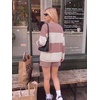 image:imageEkouaer Two Piece Sets for Women Fall Lounge Sets Long Sleeve Shorts Set  Oversized Matching Outfit 2026 Fall Striped Shirts and Shorts Set V Neck Top with Pockets Casual Matching Clothing SetPink Combo
