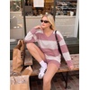 image:imageEkouaer Two Piece Sets for Women Fall Lounge Sets Long Sleeve Shorts Set  Oversized Matching Outfit 2026 Fall Striped Shirts and Shorts Set V Neck Top with Pockets Casual Matching Clothing SetPink Combo