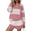 image:imageEkouaer Two Piece Sets for Women Fall Lounge Sets Long Sleeve Shorts Set  Oversized Matching Outfit 2026 Fall Striped Shirts and Shorts Set V Neck Top with Pockets Casual Matching Clothing SetPink Combo