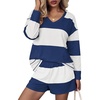 image:imageEkouaer Two Piece Sets for Women Fall Lounge Sets Long Sleeve Shorts Set  Oversized Matching Outfit 2026 Fall Striped Shirts and Shorts Set V Neck Top with Pockets Casual Matching Clothing SetNavy White Combo