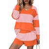 image:imageEkouaer Two Piece Sets for Women Fall Lounge Sets Long Sleeve Shorts Set  Oversized Matching Outfit 2026 Fall Striped Shirts and Shorts Set V Neck Top with Pockets Casual Matching Clothing SetOrange Pink Combo