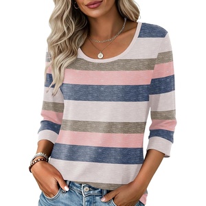 image:imageEkouaer 34 Sleeve Womens Tops Scoop Neck T Shirts 2026 Casual Basic Tees  Casual TopsCute Basic Tops Vacation OutfitsComfy Basic TeesLoose Fit Tops For AllSeason Daily Wearavailable in S3XLStriped Pink Blue