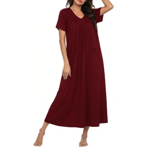 image:imageEkouaer Long Nightgowns for Women Short Sleeve Full Length Night Shirts  Soft Womens Night Gowns Plus Size Sleepwear V Neck House Dress with Pockets Pleated Front Nightdress for Sleeping LoungingWine Red