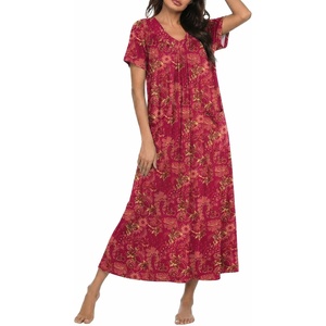 image:imageEkouaer Long Nightgowns for Women Short Sleeve Full Length Night Shirts  Soft Womens Night Gowns Plus Size Sleepwear V Neck House Dress with Pockets Pleated Front Nightdress for Sleeping LoungingFloral Red