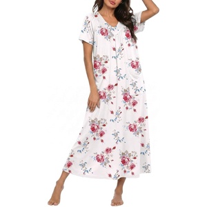 image:imageEkouaer Long Nightgowns for Women Short Sleeve Full Length Night Shirts  Soft Womens Night Gowns Plus Size Sleepwear V Neck House Dress with Pockets Pleated Front Nightdress for Sleeping LoungingRed Flower