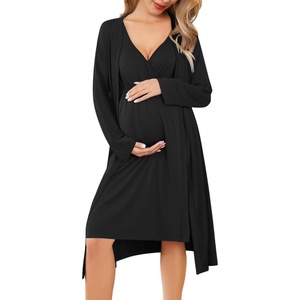 image:imageEkouaer Maternity Nursing Gown and Robe Set Labor Delivery Nightgowns  Birthing Hospital Gowns Skinfriendly Postpartum Clothes Split Front Flap Elastic Waistline Perfect for Pregnant MommasBlack